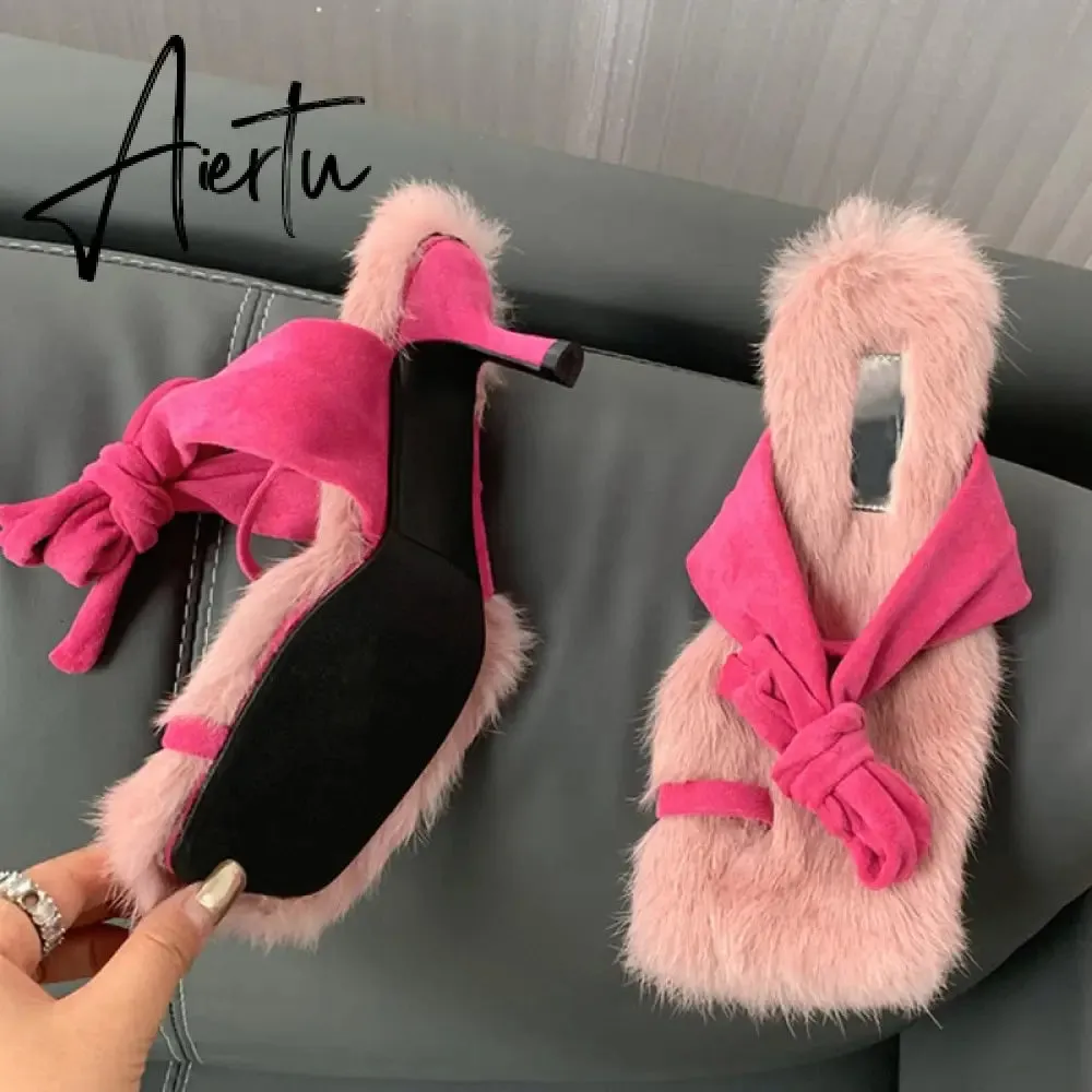 New Brand Chic Fluorescent green Plush Fur Fuzzy Sandals Women Low Thin Heels Fashion Clip Toe Ankle Lace Up Slides Shoes