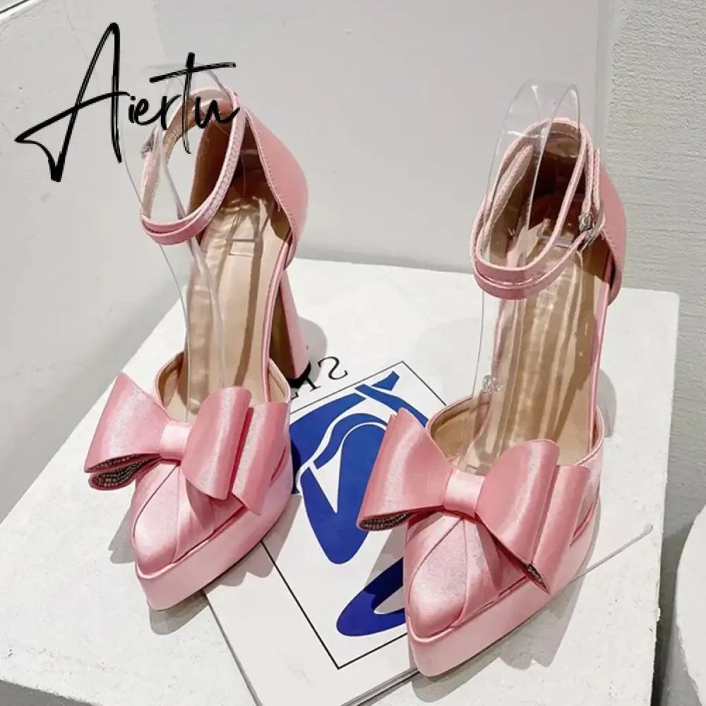 New Fashion Pink Bowknot Pointed Toe Super High Heels Platform Pumps Women Sandals Party Wedding Banquet Shoes Size 35-42