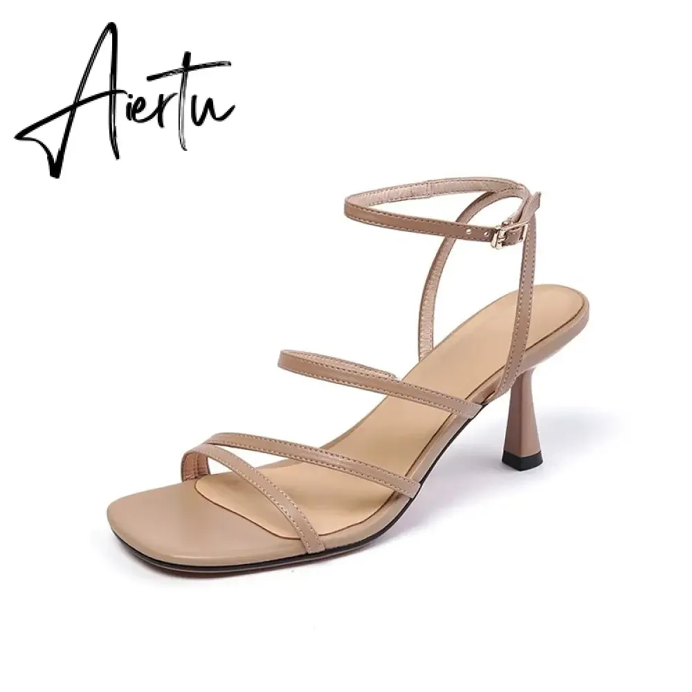 New Sandals Women Shoes Square Ankle Strap Sandals Thin High Heels Buckle Strap Narrow Band Ladies Footwear Summer Beige 40