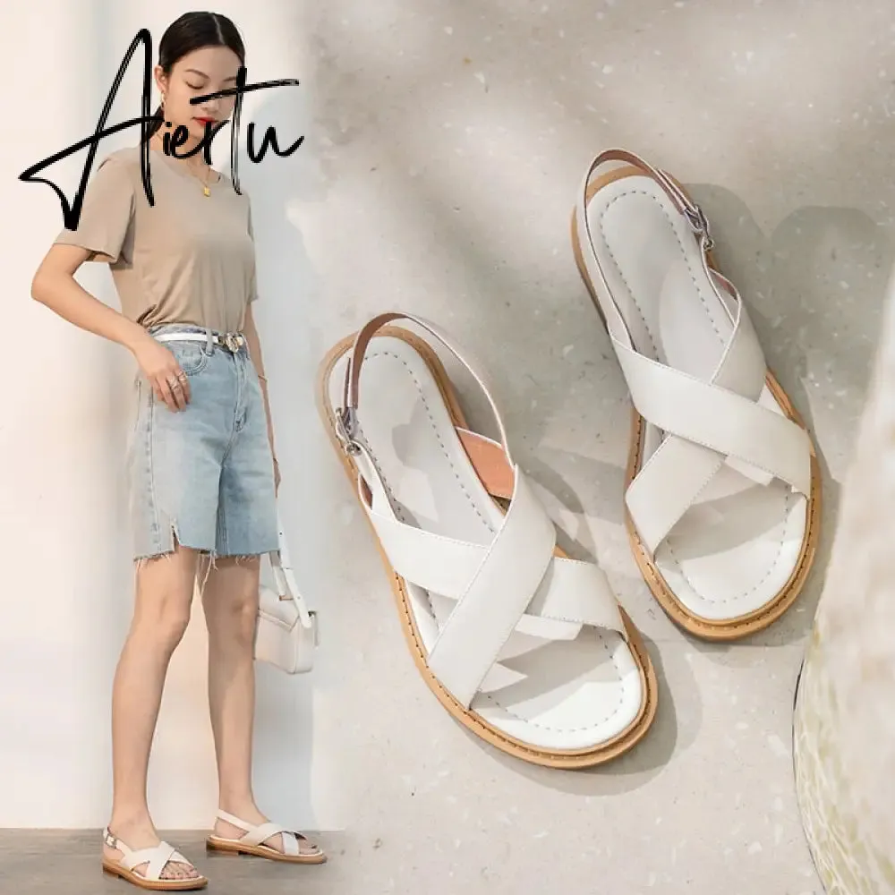 New Summer Sandals Women Round Toe Low Heel Fashion Women Shoes Genuine Leather Simplicity Sandals for Women Flat Sandals