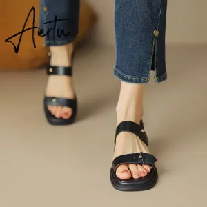 New Summer Sandals Women Shoes Chunky Heel Open Toe Retro Sandals for Women Handmade Retro Leather Women Sandals