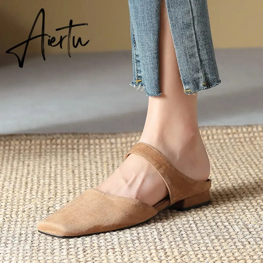 New Summer Women Shoes Sheepskin Shoes for Women Simple Bow Women Slippers Low Heels Square Toe Slippers Mules Handmade