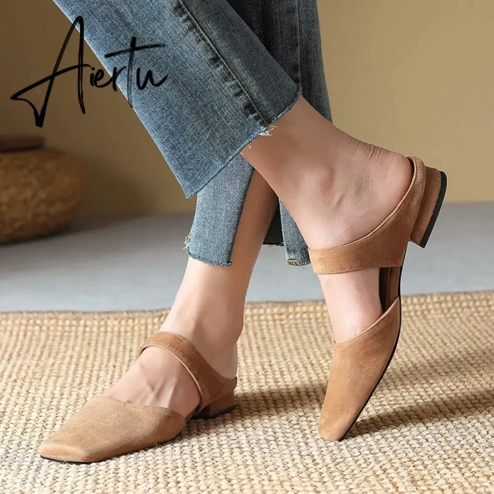 New Summer Women Shoes Sheepskin Shoes for Women Simple Bow Women Slippers Low Heels Square Toe Slippers Mules Handmade