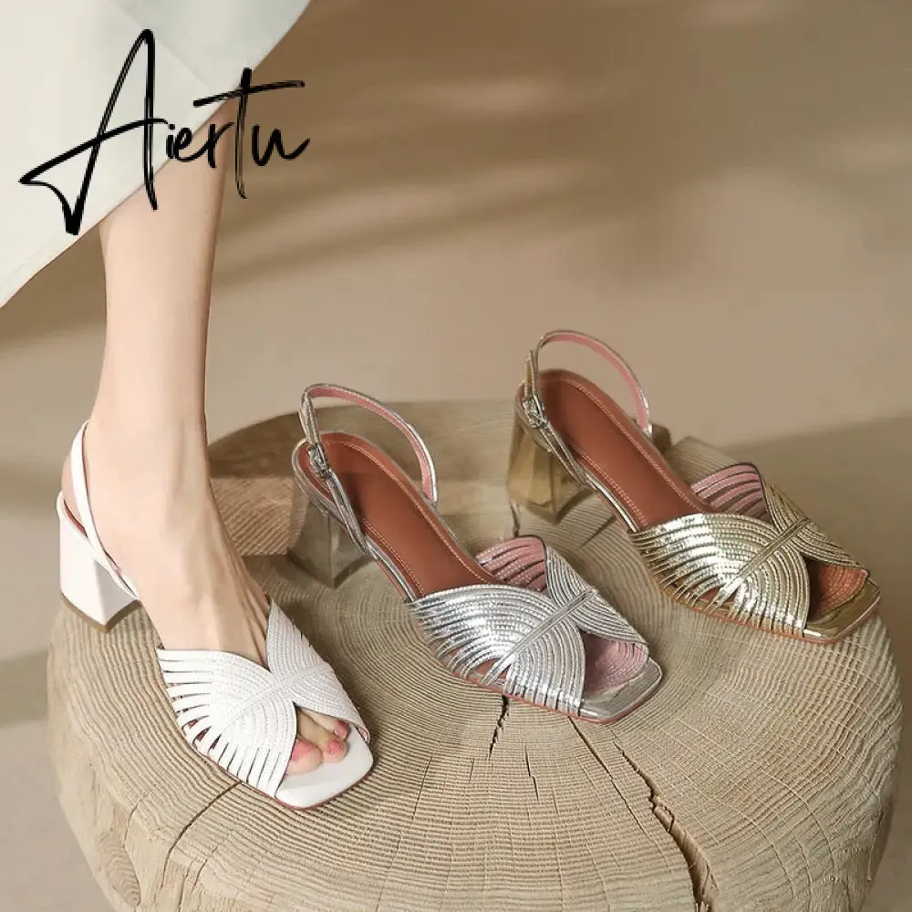 NEW Summer Women Shoes Square Toe Thin Heel Women Sandals Cow Leather High Heels Solid Party Shoes Lattice Cloth Shoes for Women