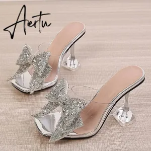 New Transparent Slippers For Women Fashion Silver Crystal Bowknot High Heels Female Mules Slides Summer Sandals Shoes