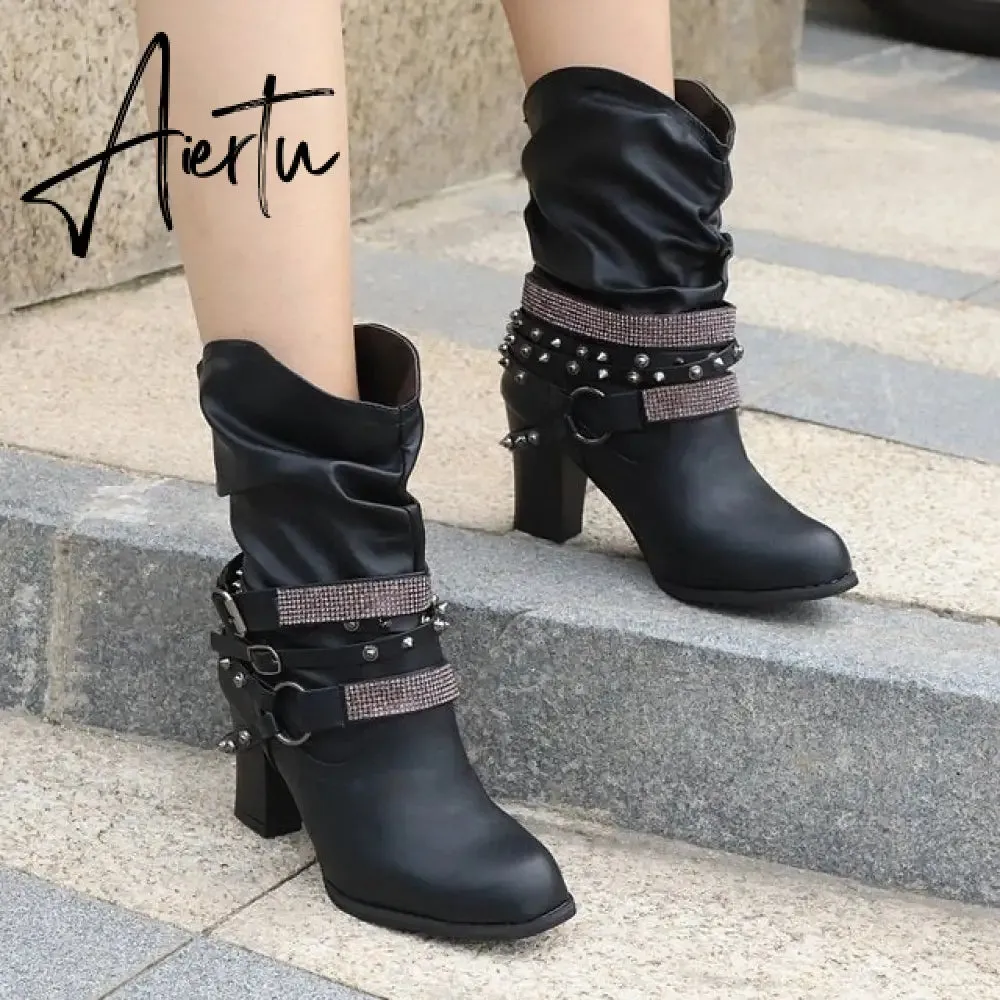 New Women High Boots Punk Rivet Buckle Square Mid Heel Knee-High Boots Pu Leather Pointed Toe Female Solid Tall Shoes Botas