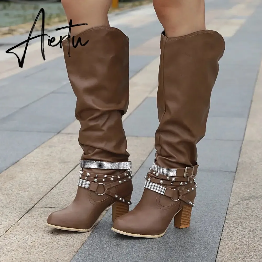 New Women High Boots Punk Rivet Buckle Square Mid Heel Knee-High Boots Pu Leather Pointed Toe Female Solid Tall Shoes Botas