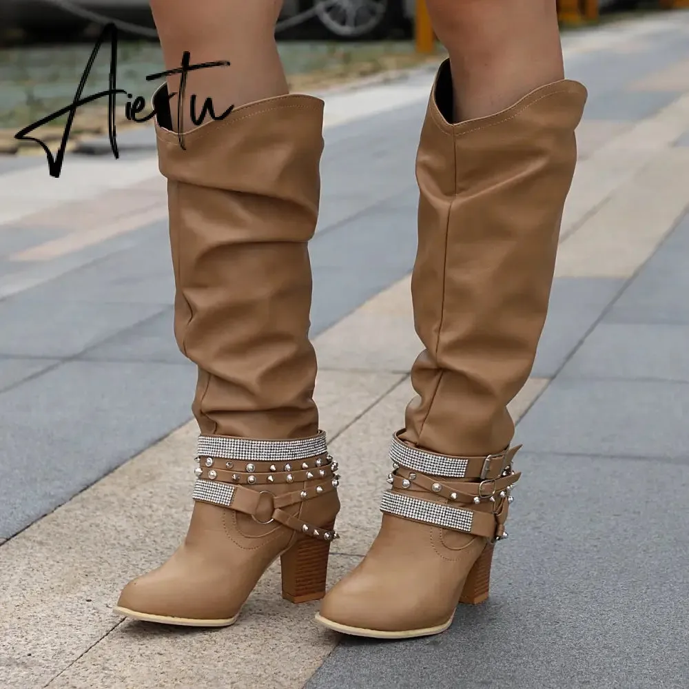 New Women High Boots Punk Rivet Buckle Square Mid Heel Knee-High Boots Pu Leather Pointed Toe Female Solid Tall Shoes Botas