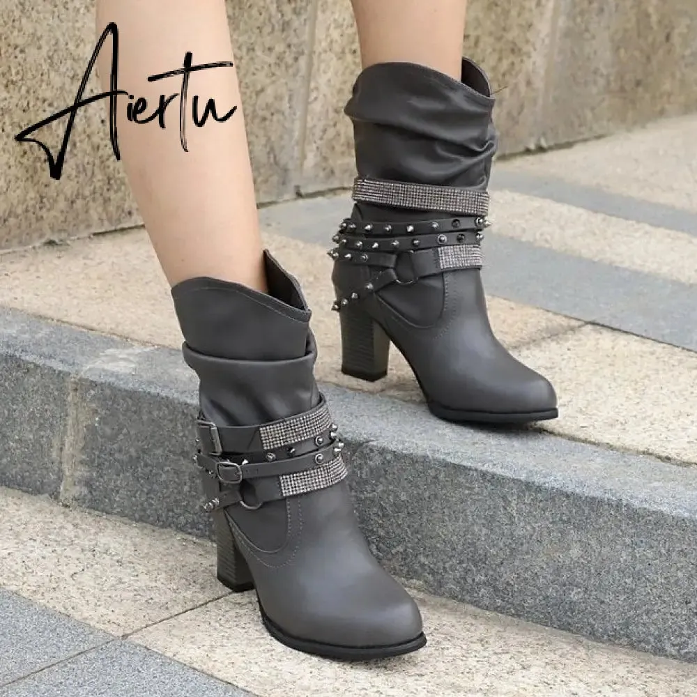 New Women High Boots Punk Rivet Buckle Square Mid Heel Knee-High Boots Pu Leather Pointed Toe Female Solid Tall Shoes Botas