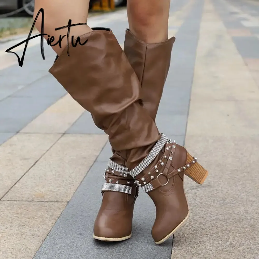 New Women High Boots Punk Rivet Buckle Square Mid Heel Knee-High Boots Pu Leather Pointed Toe Female Solid Tall Shoes Botas