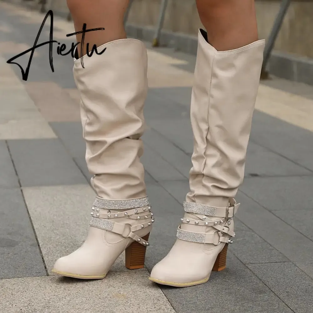 New Women High Boots Punk Rivet Buckle Square Mid Heel Knee-High Boots Pu Leather Pointed Toe Female Solid Tall Shoes Botas