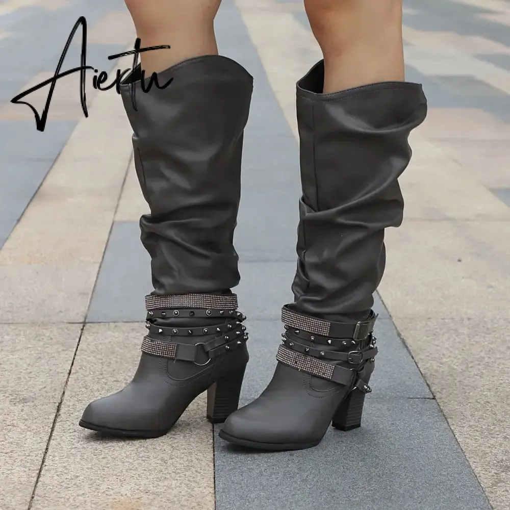 New Women High Boots Punk Rivet Buckle Square Mid Heel Knee-High Boots Pu Leather Pointed Toe Female Solid Tall Shoes Botas