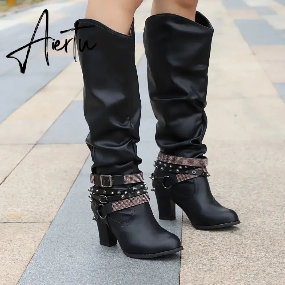 New Women High Boots Punk Rivet Buckle Square Mid Heel Knee-High Boots Pu Leather Pointed Toe Female Solid Tall Shoes Botas