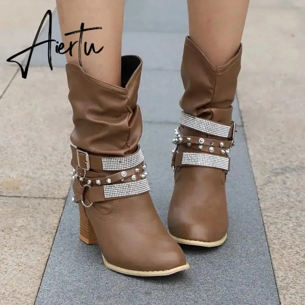 New Women High Boots Punk Rivet Buckle Square Mid Heel Knee-High Boots Pu Leather Pointed Toe Female Solid Tall Shoes Botas