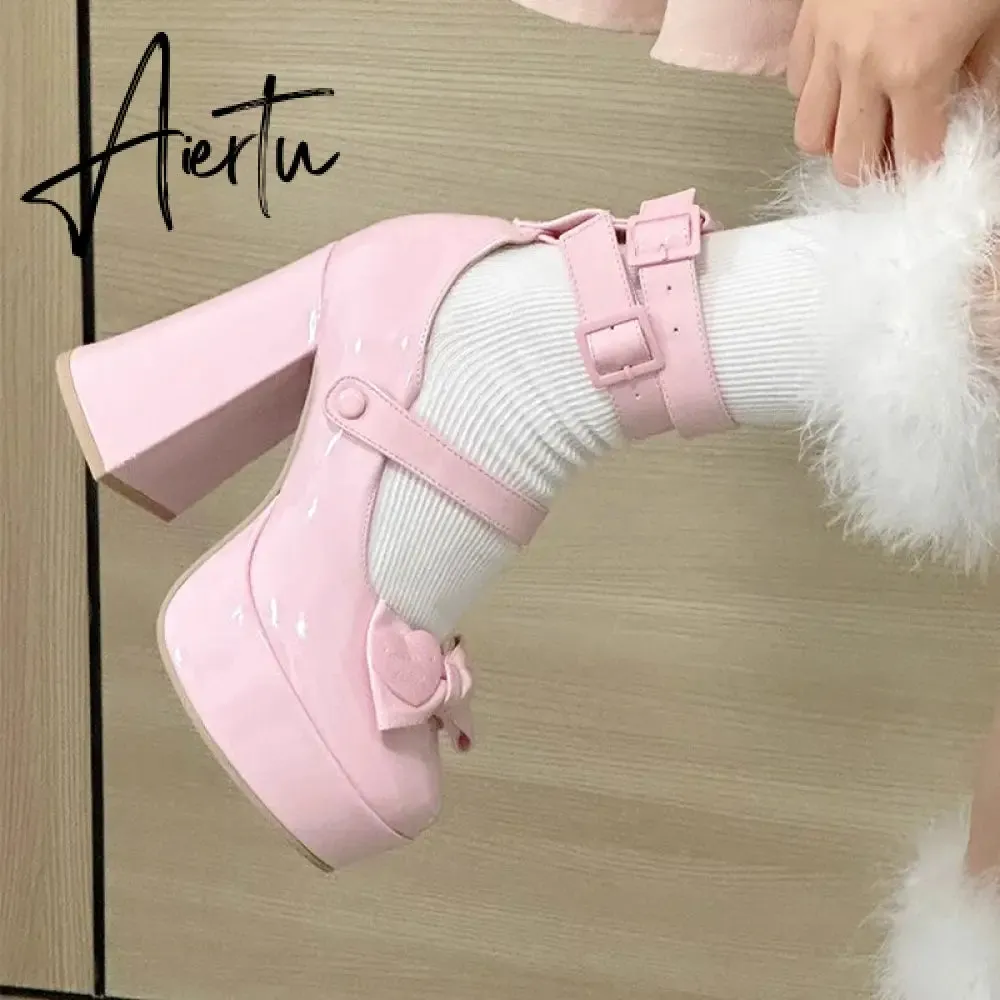 New Women Mary Janes High Heels Shoes Chunky Sandals Summer Fashion Retro Bow Lolita Shoes Party Platform Pumps Zapatos