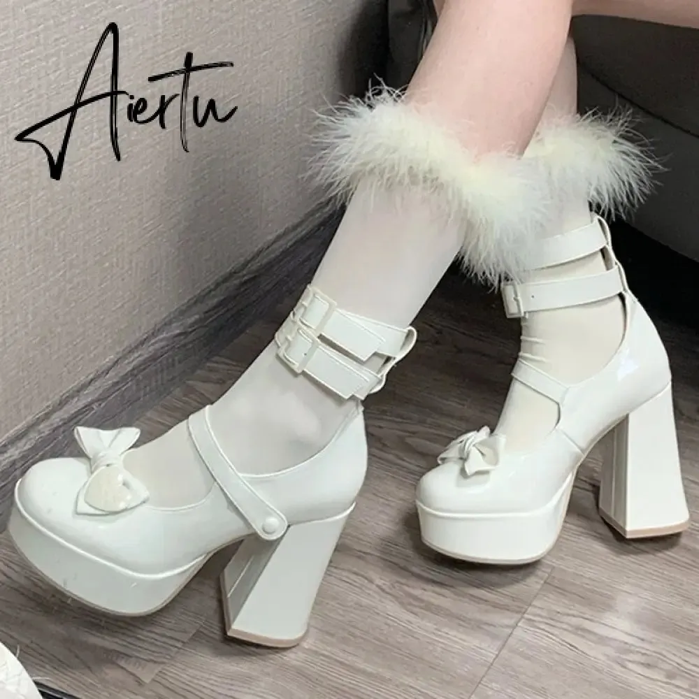 New Women Mary Janes High Heels Shoes Chunky Sandals Summer Fashion Retro Bow Lolita Shoes Party Platform Pumps Zapatos