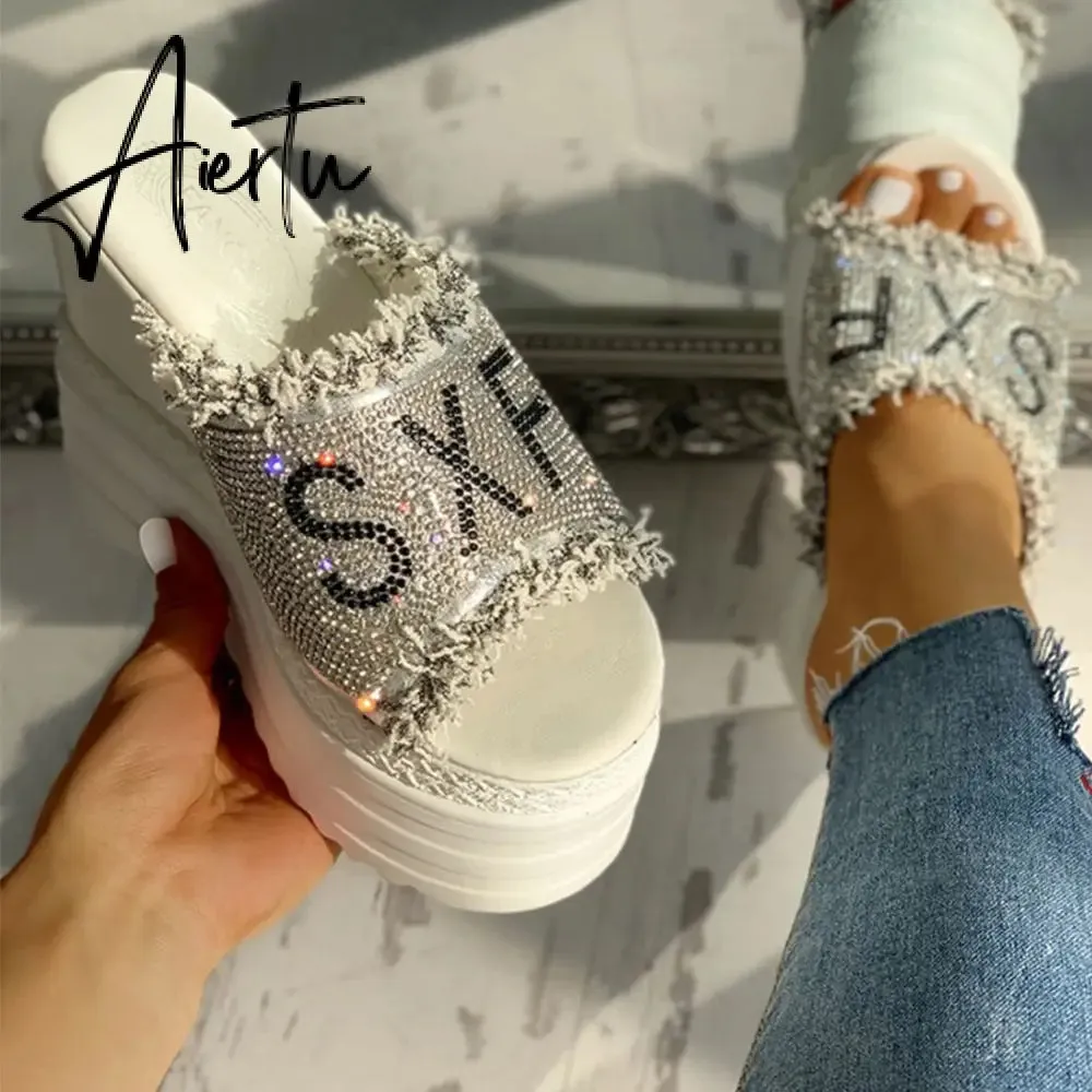 Newest Drop Ship Crystals Wedges High Heels Leisure Summer Sandal Woman Shoes Women Platform Mules Slippers