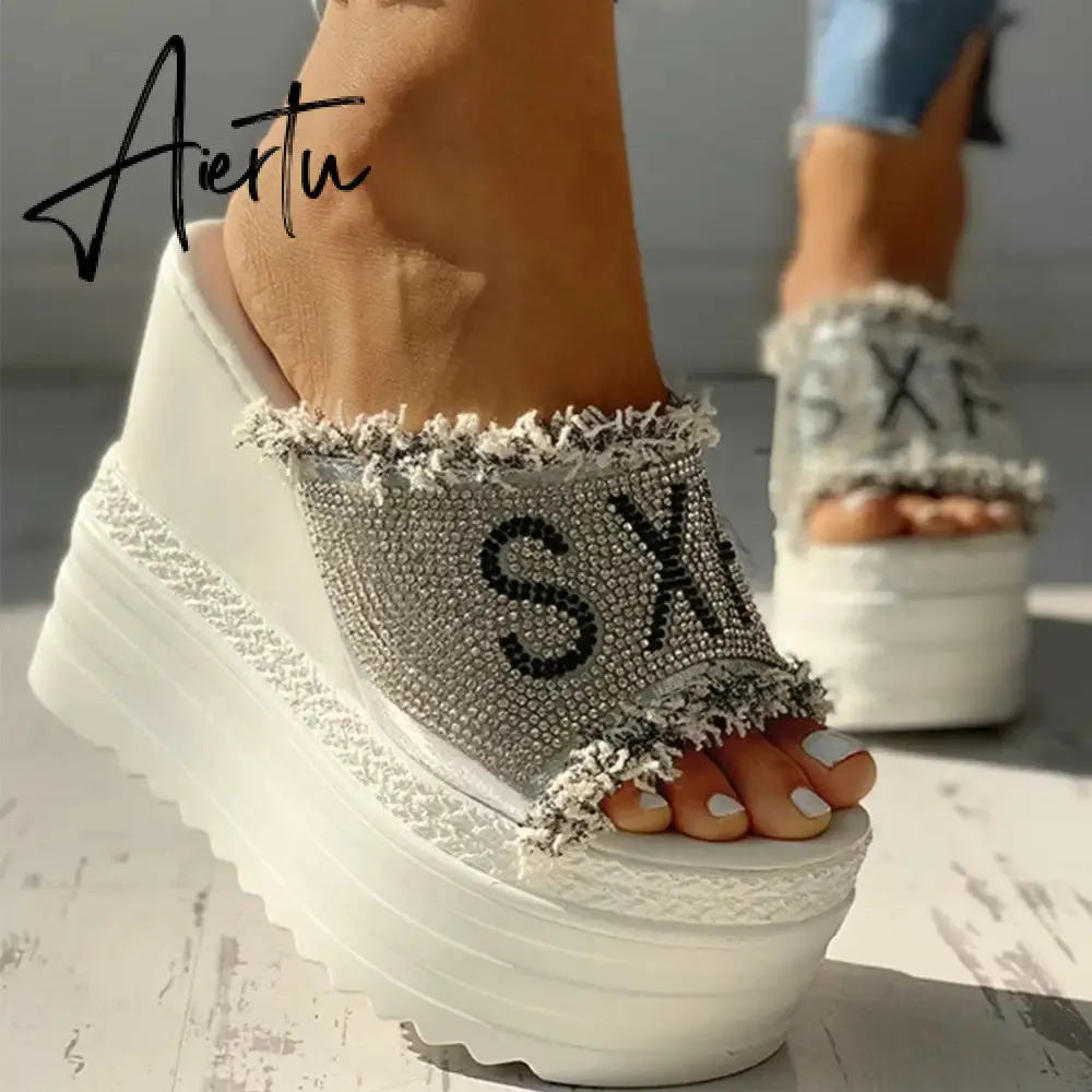 Newest Drop Ship Crystals Wedges High Heels Leisure Summer Sandal Woman Shoes Women Platform Mules Slippers