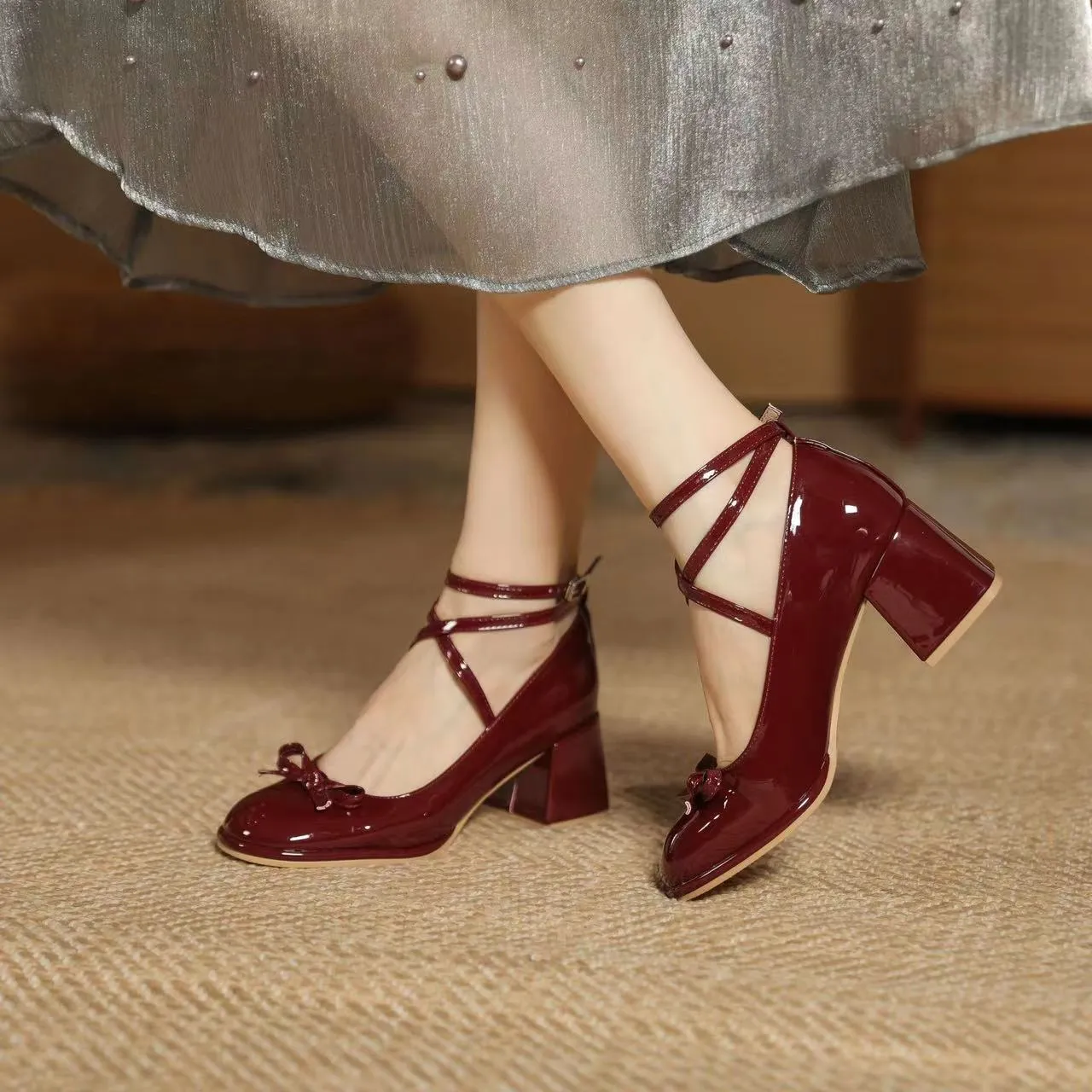 Red Mary Jane Women Pumps Thick High Heels Shoes Female Lolita Square Toe Shoes Spring Fashion Party Leather Woman Shoes New