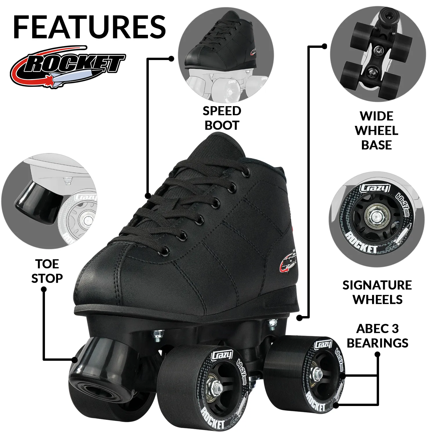 ROCKET JR Black - Roller Skates