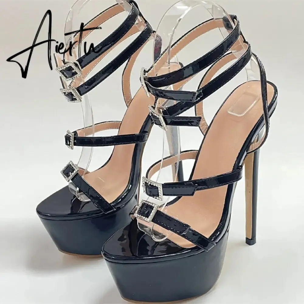 Runway Style Sexy High Heels Platform Sandals For Women Fashion Open Toe Crystal Buckle Stiletto Wedding Stripper Shoes