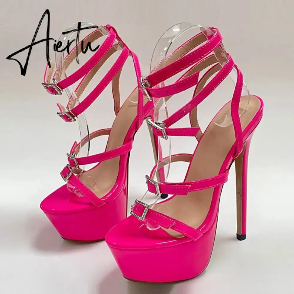 Runway Style Sexy High Heels Platform Sandals For Women Fashion Open Toe Crystal Buckle Stiletto Wedding Stripper Shoes