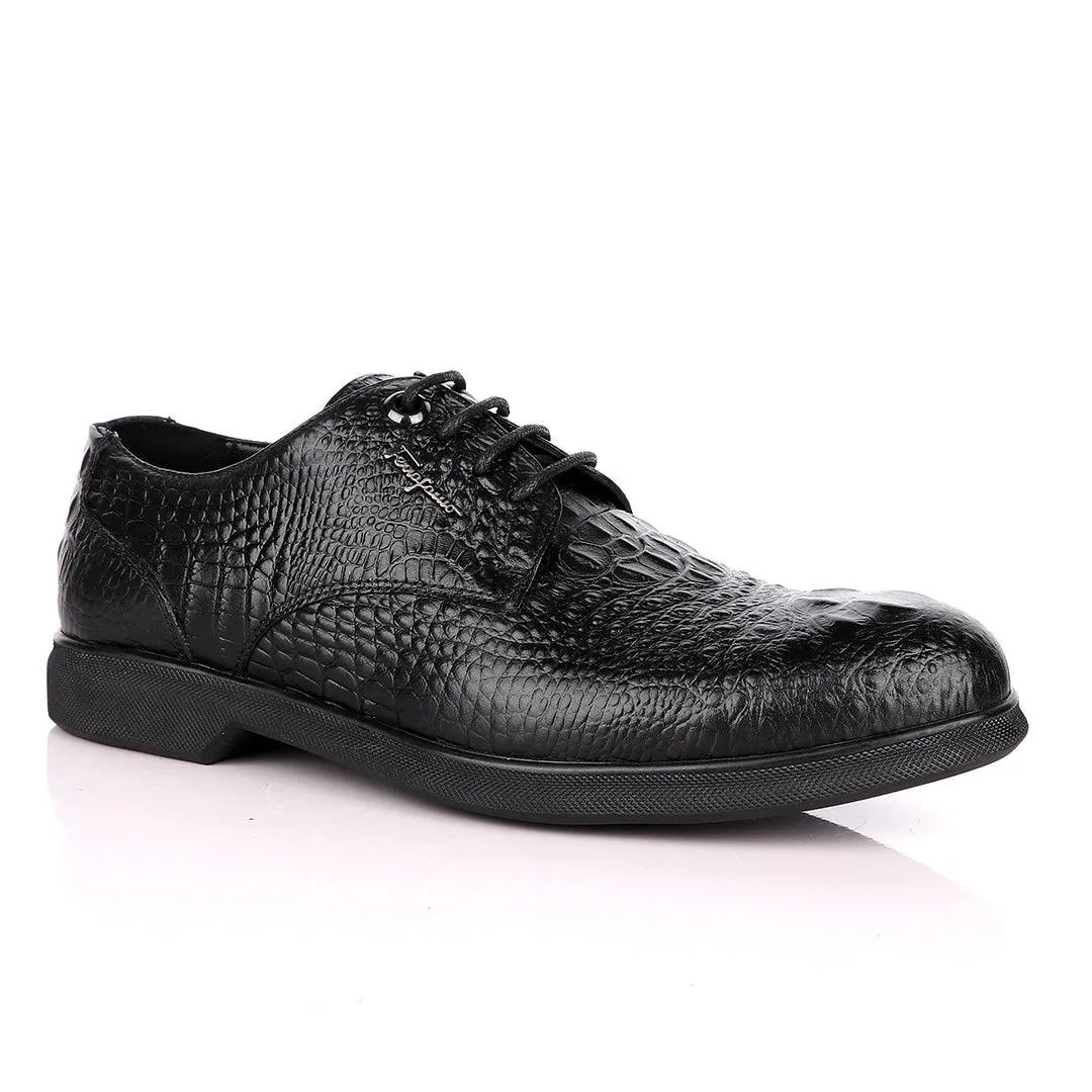 Salvatore Ferragamo Black Crocodile Leather Derby Laced Shoe