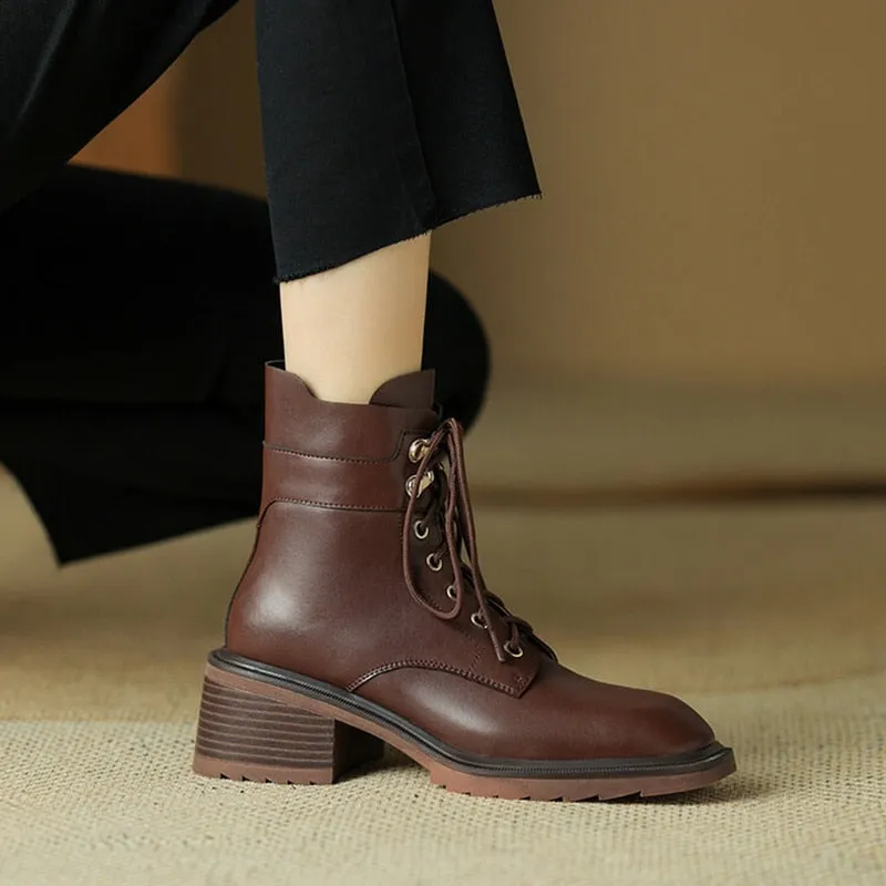 sealbeer  fashion inspo    NEW Autumn Boots Women Split Leather Shoes for Women Square Toe Chunky Heel Shoes Casual Lace-up Short Boots Retro Ankle Boots