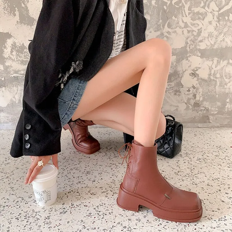 sealbeer  fashion inspo    NEW Fall Shoes Women Genuine Leather Boots Round Toe Chunky Boots for Women Casual Platform Boots Solid Zipper Ankle Boots Women