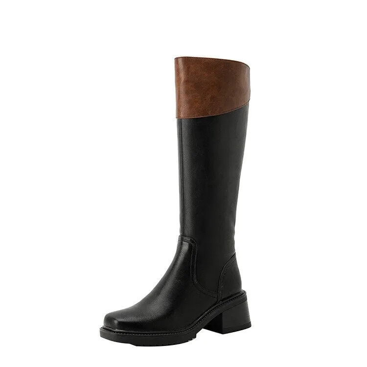 sealbeer  fashion inspo    Winter Knee High Boots for Women Split Leather Boots Round Toe Chunky Boots Mixed Colors Women Shoes Warm Platform Knight Boots