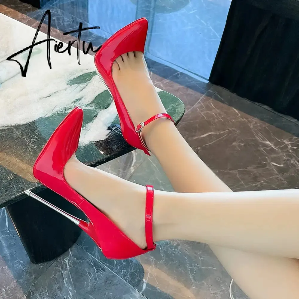 Sexy Patent Leather Fetishism Solid Pumps Metal Heel Women'S Shoes Pointy Stiletto 16 CM Super High Heels Sandals Large Size 46