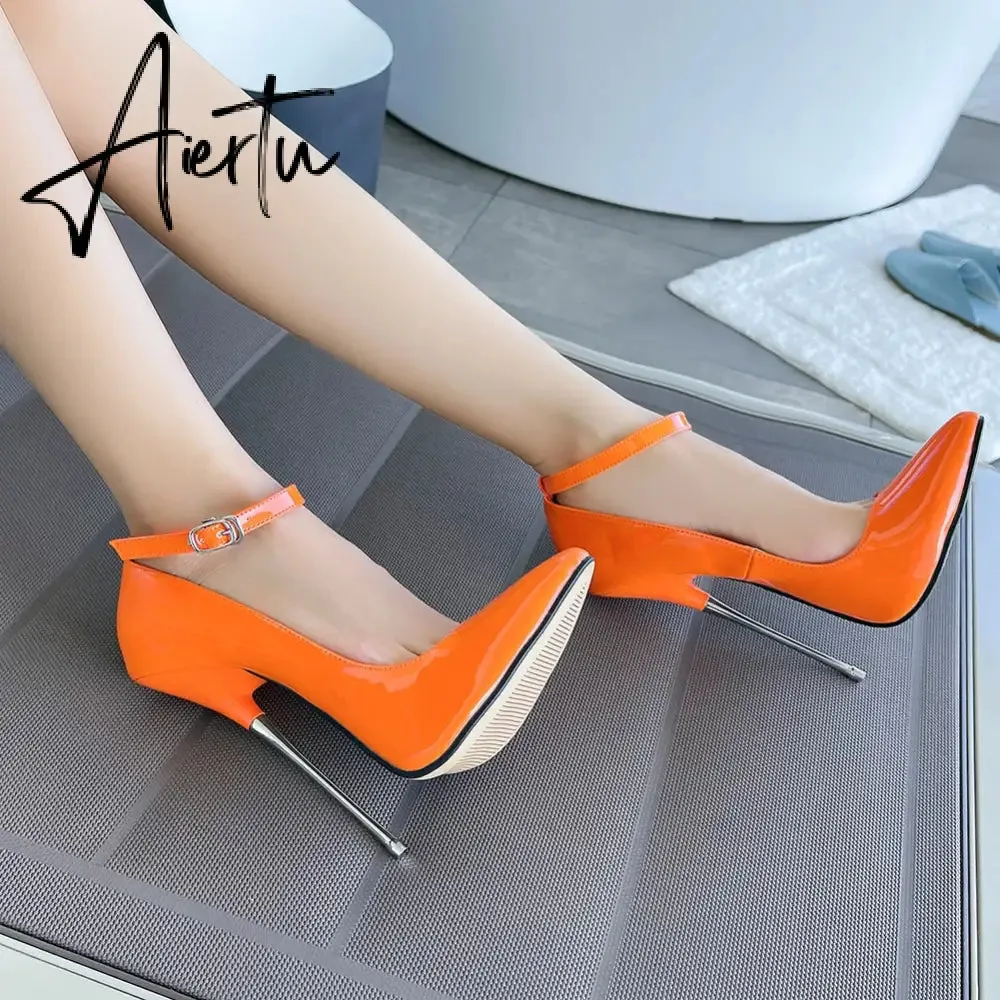 Sexy Patent Leather Fetishism Solid Pumps Metal Heel Women'S Shoes Pointy Stiletto 16 CM Super High Heels Sandals Large Size 46