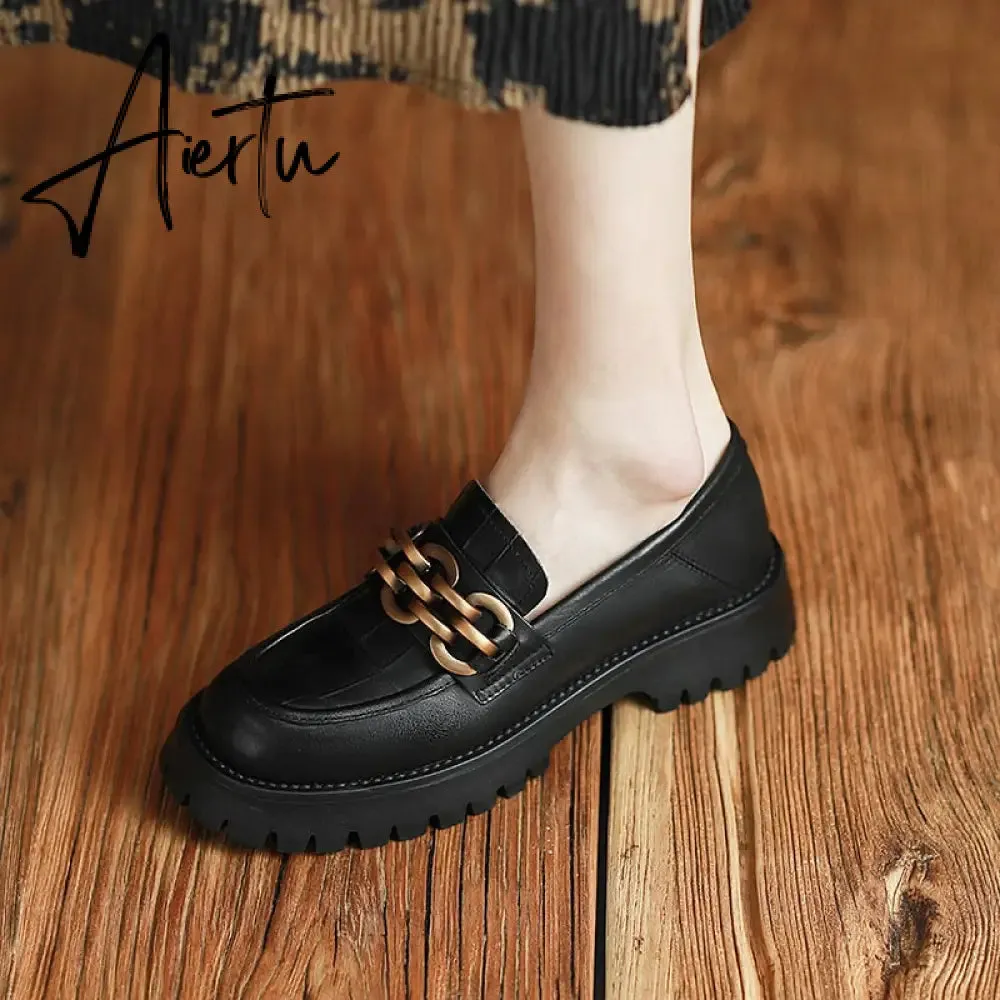 Spring Chunky Loafers Women Genuine Cow Leather Platform Shoes Round Toe Metal Chain Slip on Ladies Handmade Womens Shoes