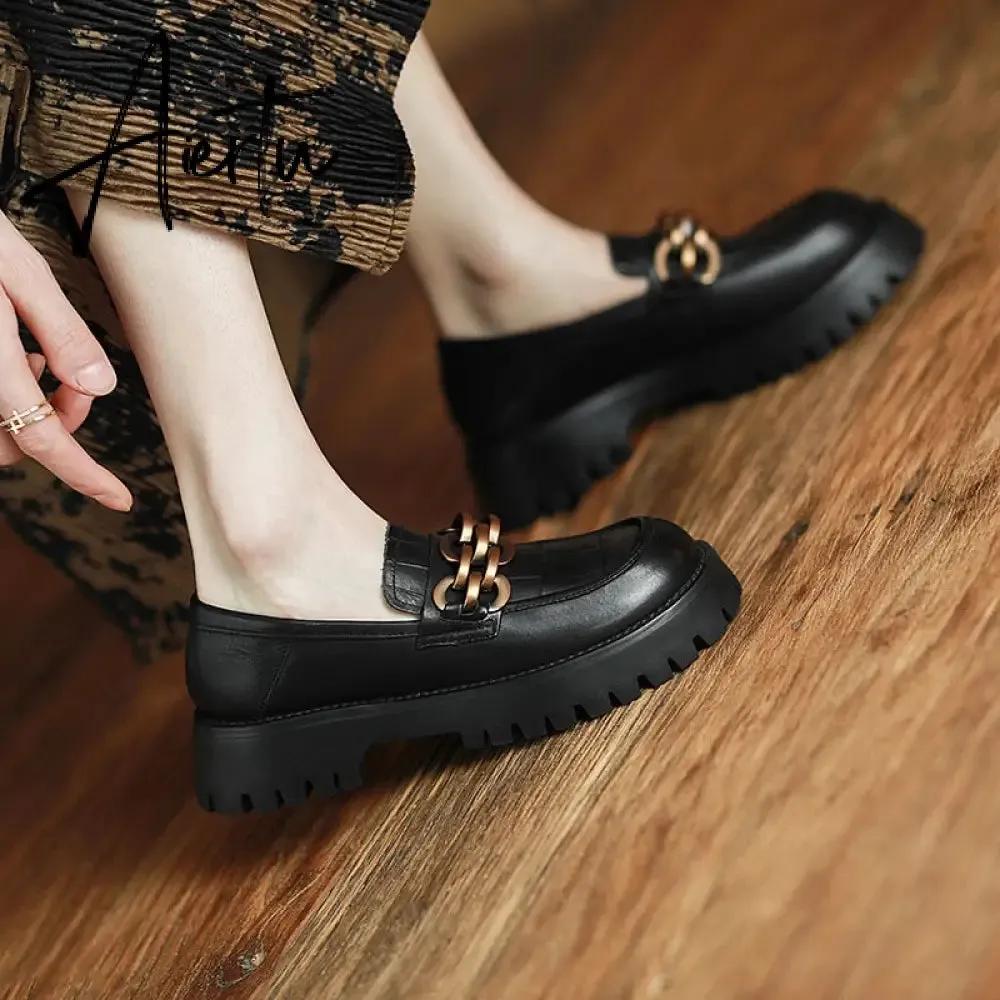 Spring Chunky Loafers Women Genuine Cow Leather Platform Shoes Round Toe Metal Chain Slip on Ladies Handmade Womens Shoes