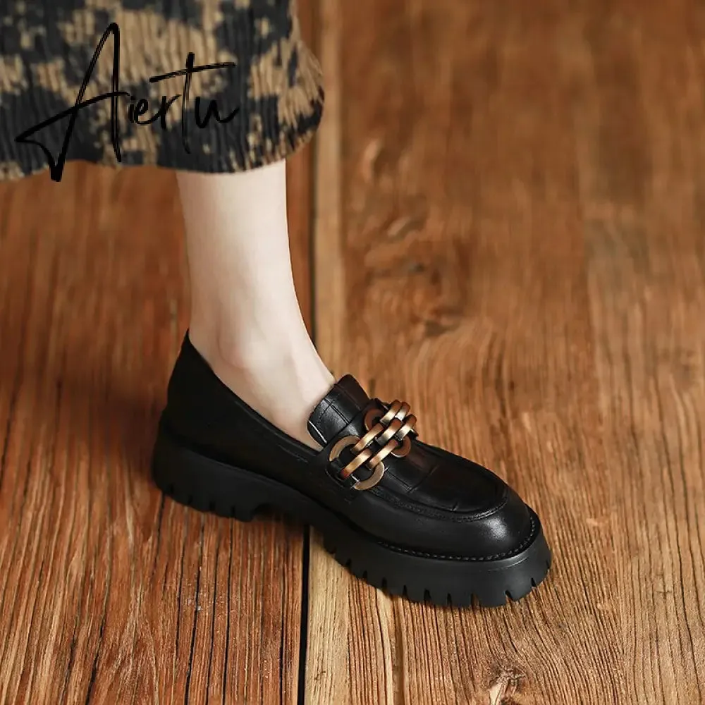 Spring Chunky Loafers Women Genuine Cow Leather Platform Shoes Round Toe Metal Chain Slip on Ladies Handmade Womens Shoes