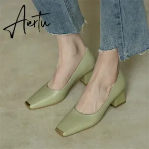 Spring New Women's Pumps Genuine Leather Square Toe Chunky Heel Fashion All-match Casual Women's Shoes Green/Apricot