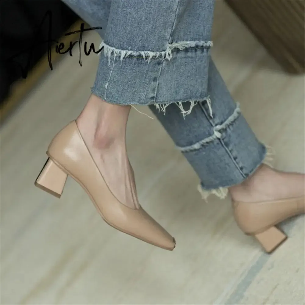 Spring New Women's Pumps Genuine Leather Square Toe Chunky Heel Fashion All-match Casual Women's Shoes Green/Apricot