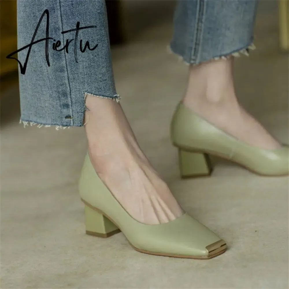 Spring New Women's Pumps Genuine Leather Square Toe Chunky Heel Fashion All-match Casual Women's Shoes Green/Apricot