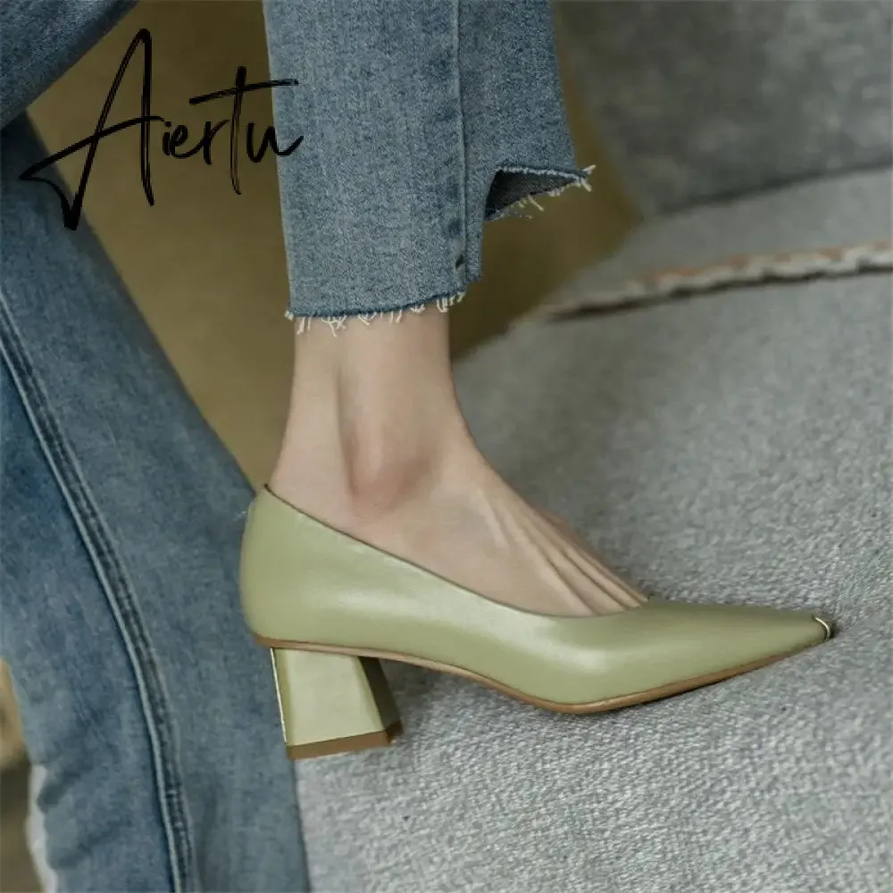 Spring New Women's Pumps Genuine Leather Square Toe Chunky Heel Fashion All-match Casual Women's Shoes Green/Apricot