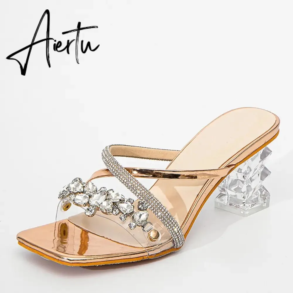 Strange Style Clear Heels For Women Slippers Crystal Chain Designer Slides Shoes Summer Party Open Toe Transparent Sandals