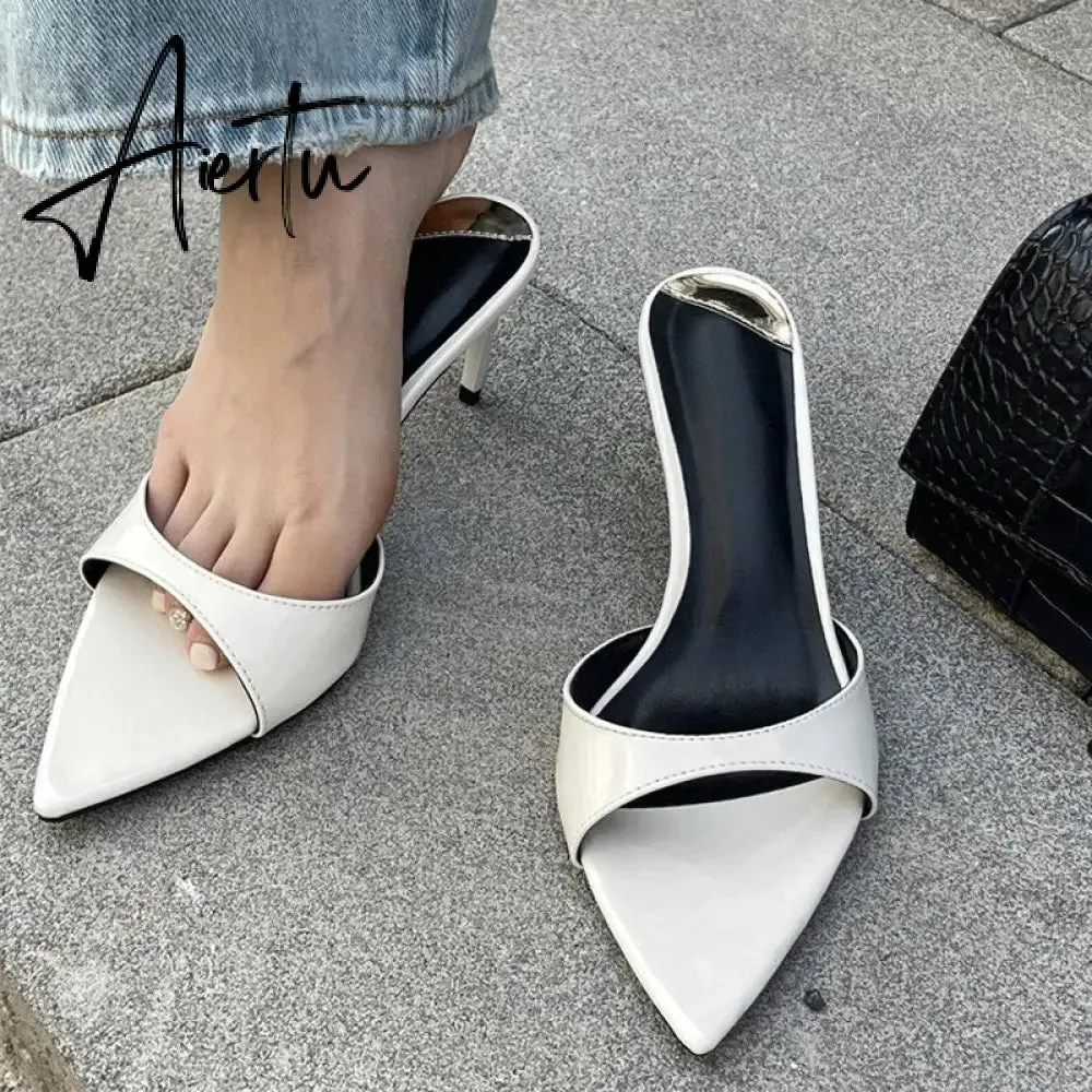 Summer Fashion Low Thin Heels Women Slippers Gladiator Sandals Cozy Patent Leather Pointed Toe Slip-On Slides Shoes Mules