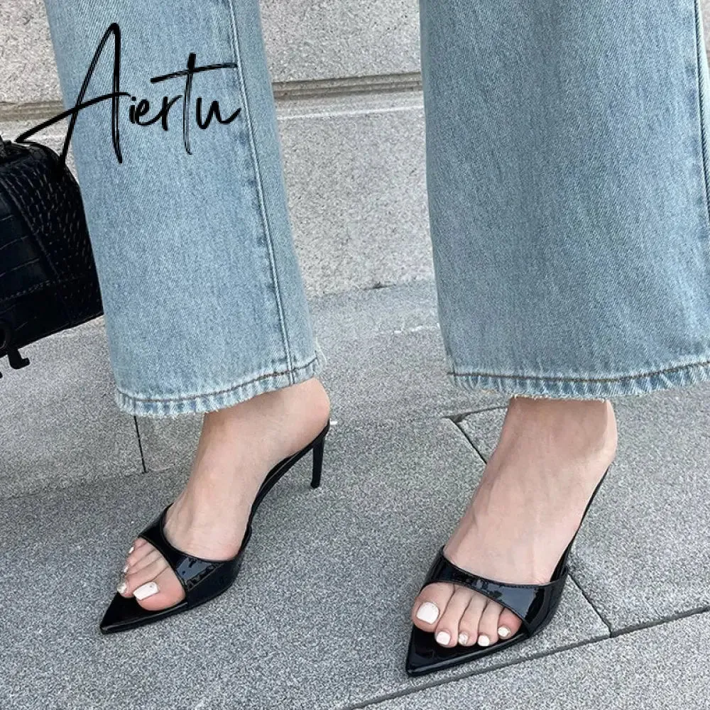 Summer Fashion Low Thin Heels Women Slippers Gladiator Sandals Cozy Patent Leather Pointed Toe Slip-On Slides Shoes Mules