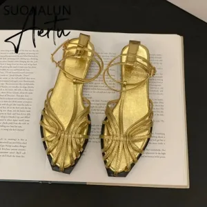 Summer Flat Heel Women Sandal Fashion New Brand Gold Narrow Band Ladies Slingback Shoes Ankle Srtrap Dress Slides