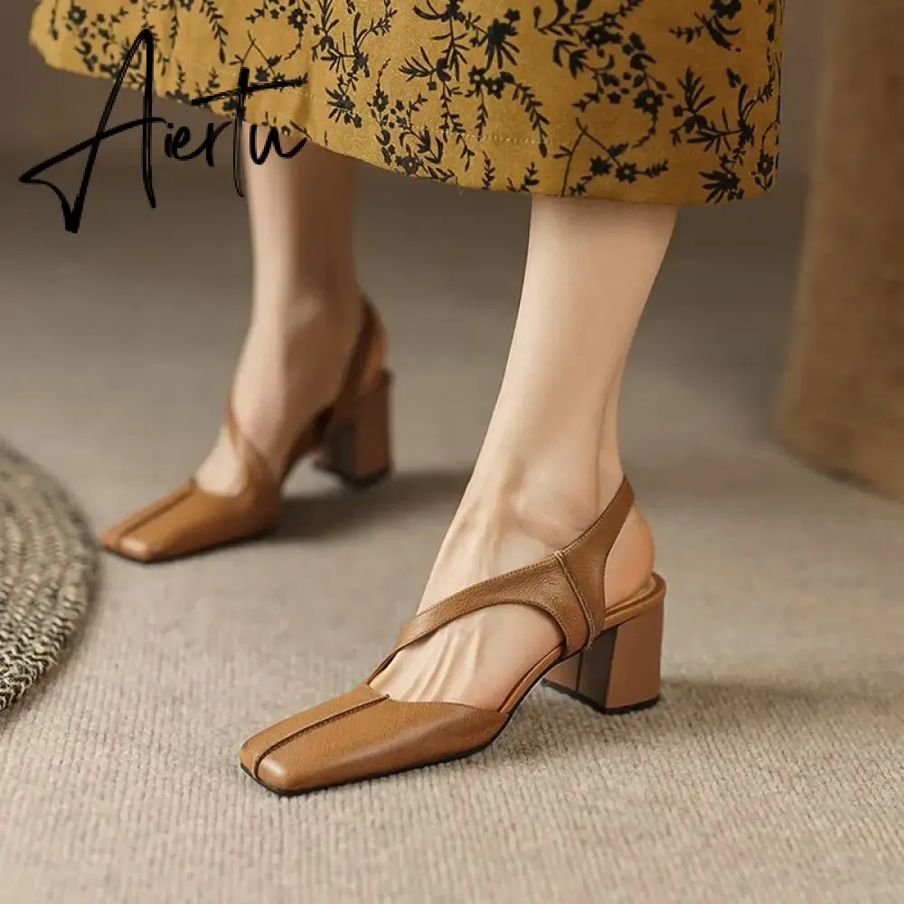 Summer New Simple Ladies Slingbacks Dress Shoes Back Strap Genuine Leather Square Toe Sandals Woman Thick High Heel Sandals