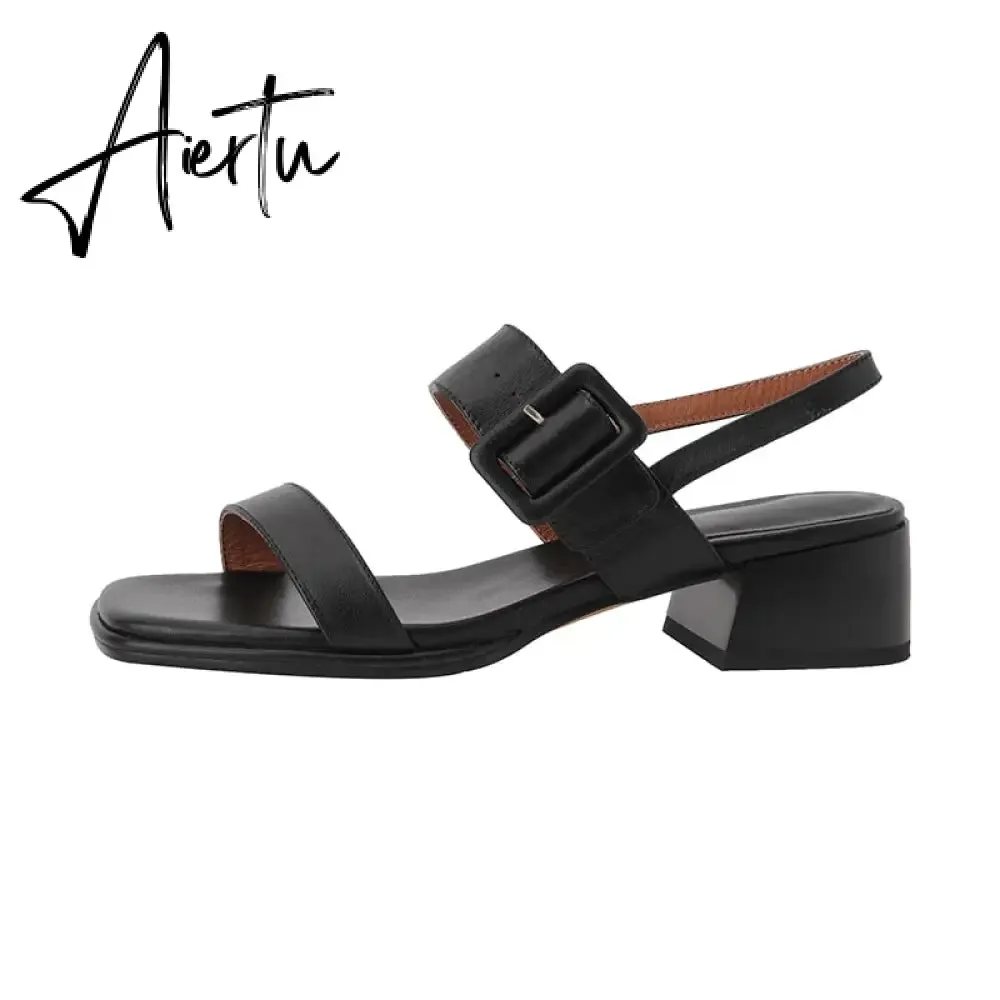 Summer Women Shoes Open Toe Shoes Women Sandals Square Heel Genuine Leather Chunky Heel Med Heel Sandals Heels Cow Leather