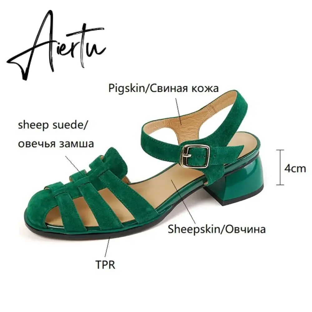 Summer Women Shoes Round Toe Women Sandals Casual Suede Shoes for Women Roman Heels Green Genuine Leather Mid Heels