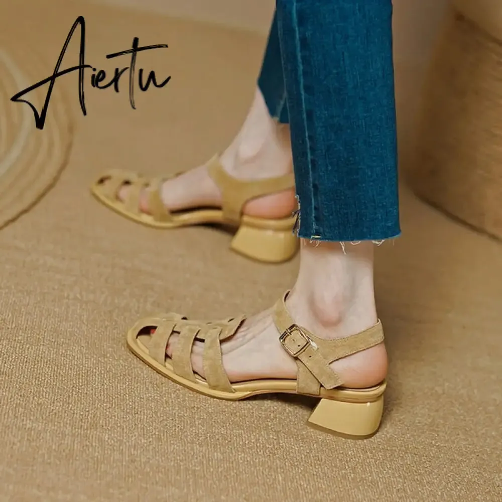 Summer Women Shoes Round Toe Women Sandals Casual Suede Shoes for Women Roman Heels Green Genuine Leather Mid Heels