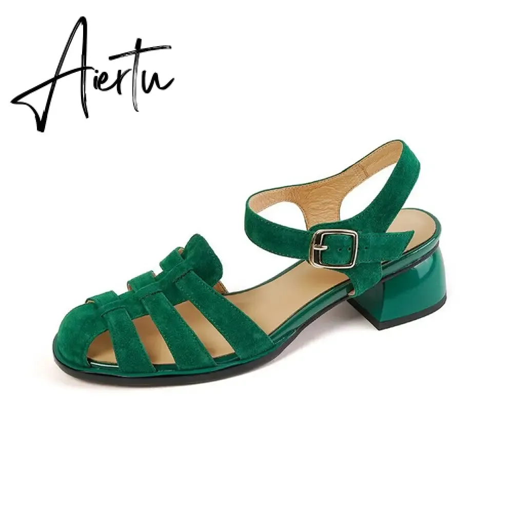 Summer Women Shoes Round Toe Women Sandals Casual Suede Shoes for Women Roman Heels Green Genuine Leather Mid Heels