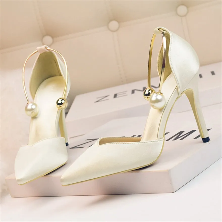 Toleet 2023 New Elegant Pearl Metal Buckle High Heels Women Sandals Korean Fashion Soft Silk Pointed Ladies Shoes Party Sandals Shallow