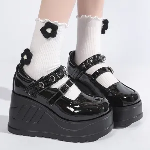 Toleet Gothic Chunky Platform Wedge Pumps Women Black Patent Leather Buckle Strap Y2K Shoes Woman Thick Bottom Mary Janes Cosplay Shoes